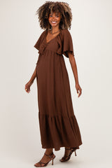 Brown Flutter Sleeve Ruffle Hem Maternity Maxi Dress