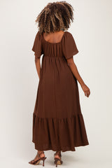Brown Flutter Sleeve Ruffle Hem Maternity Maxi Dress