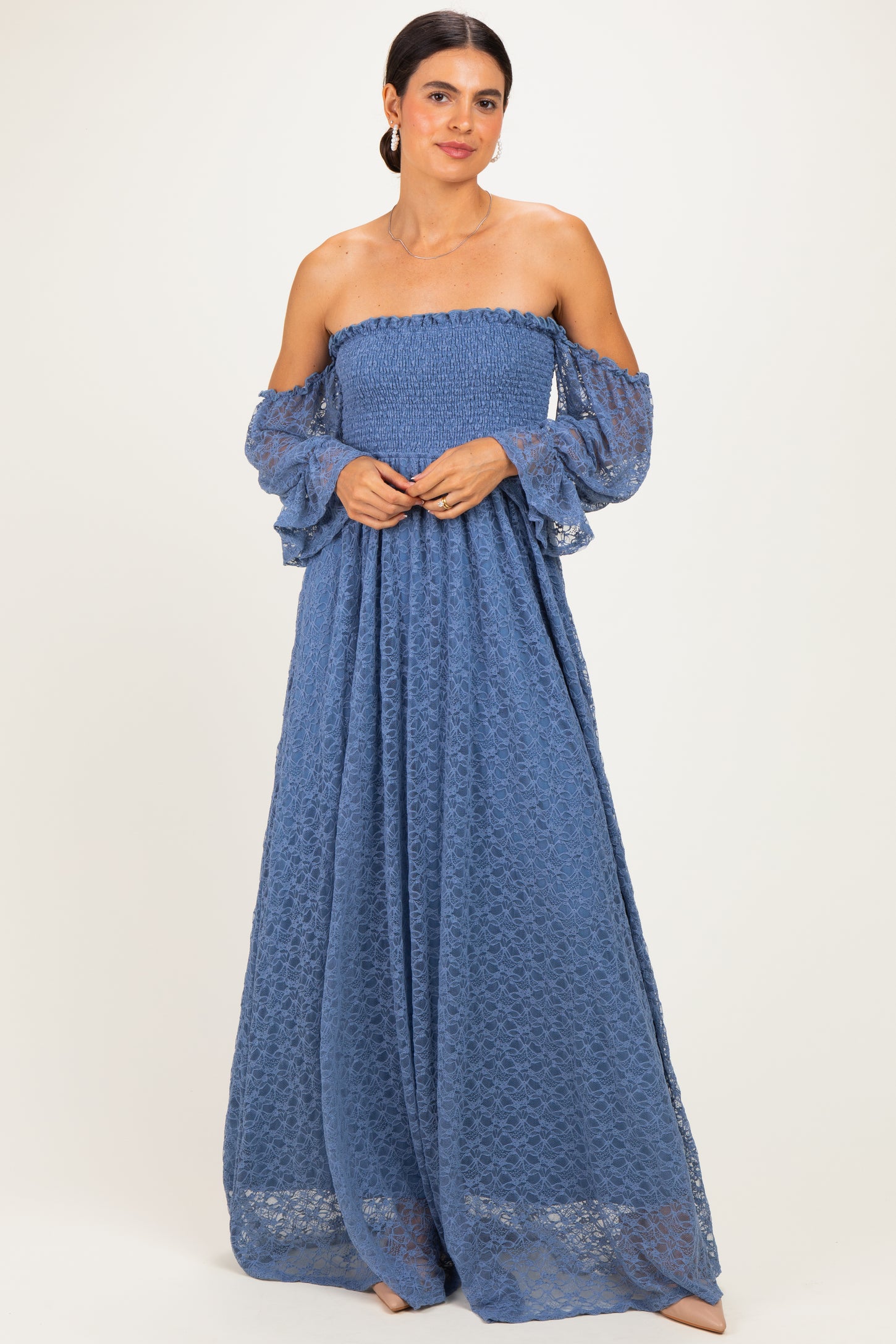 Light Blue Lace Off Shoulder Long Sleeve Dress