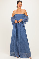 Light Blue Lace Off Shoulder Long Sleeve Dress