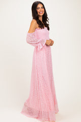Pink Lace Off Shoulder Long Sleeve Dress