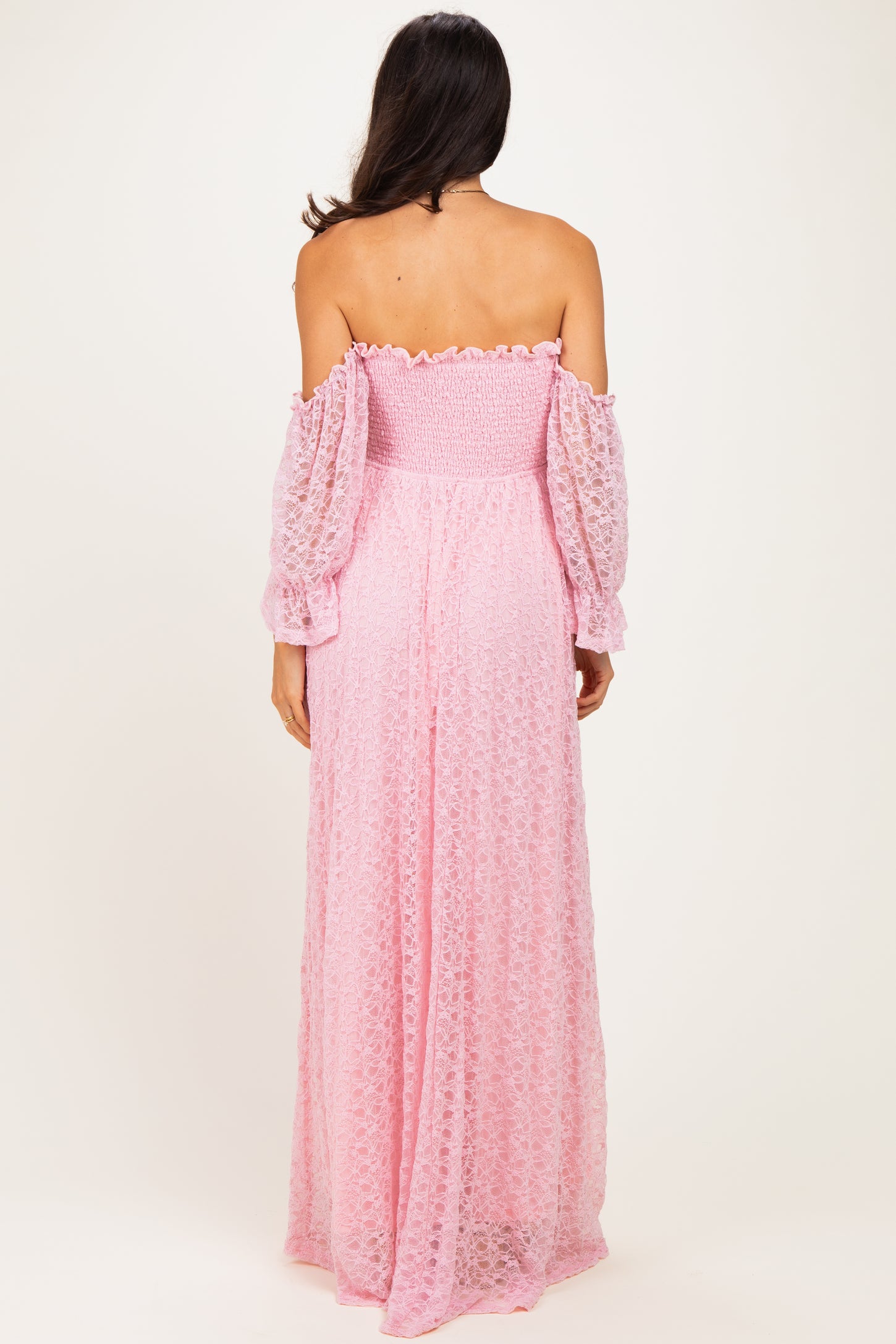 Pink Lace Off Shoulder Long Sleeve Dress