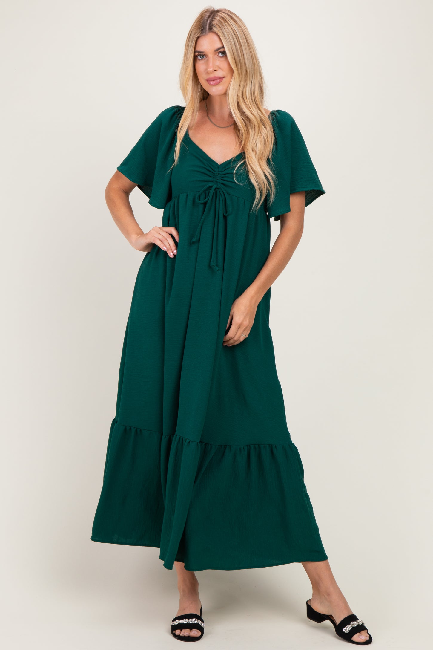 Dark Sage Flutter Sleeve Ruffle Hem Maxi Dress
