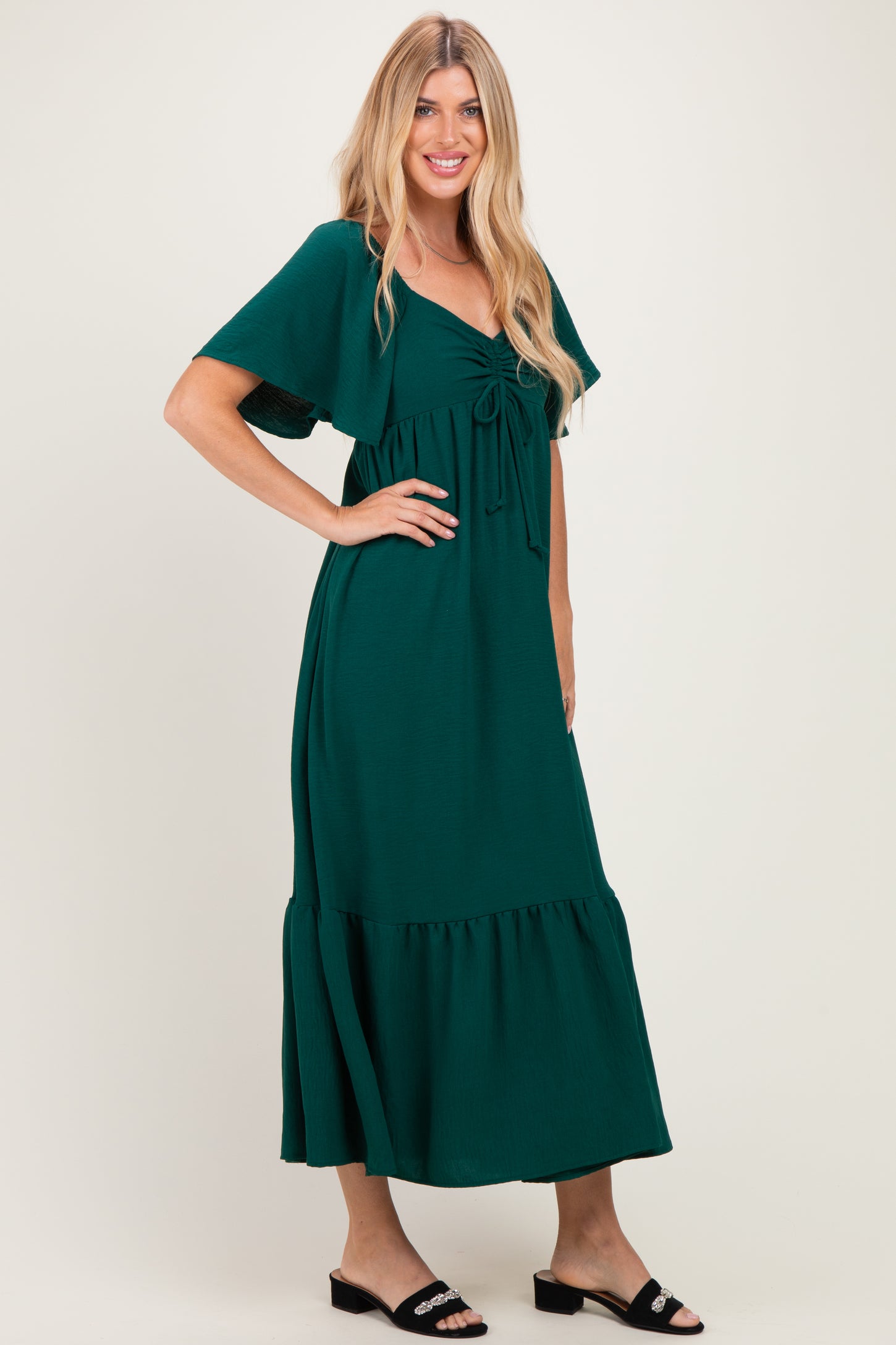 Dark Sage Flutter Sleeve Ruffle Hem Maxi Dress