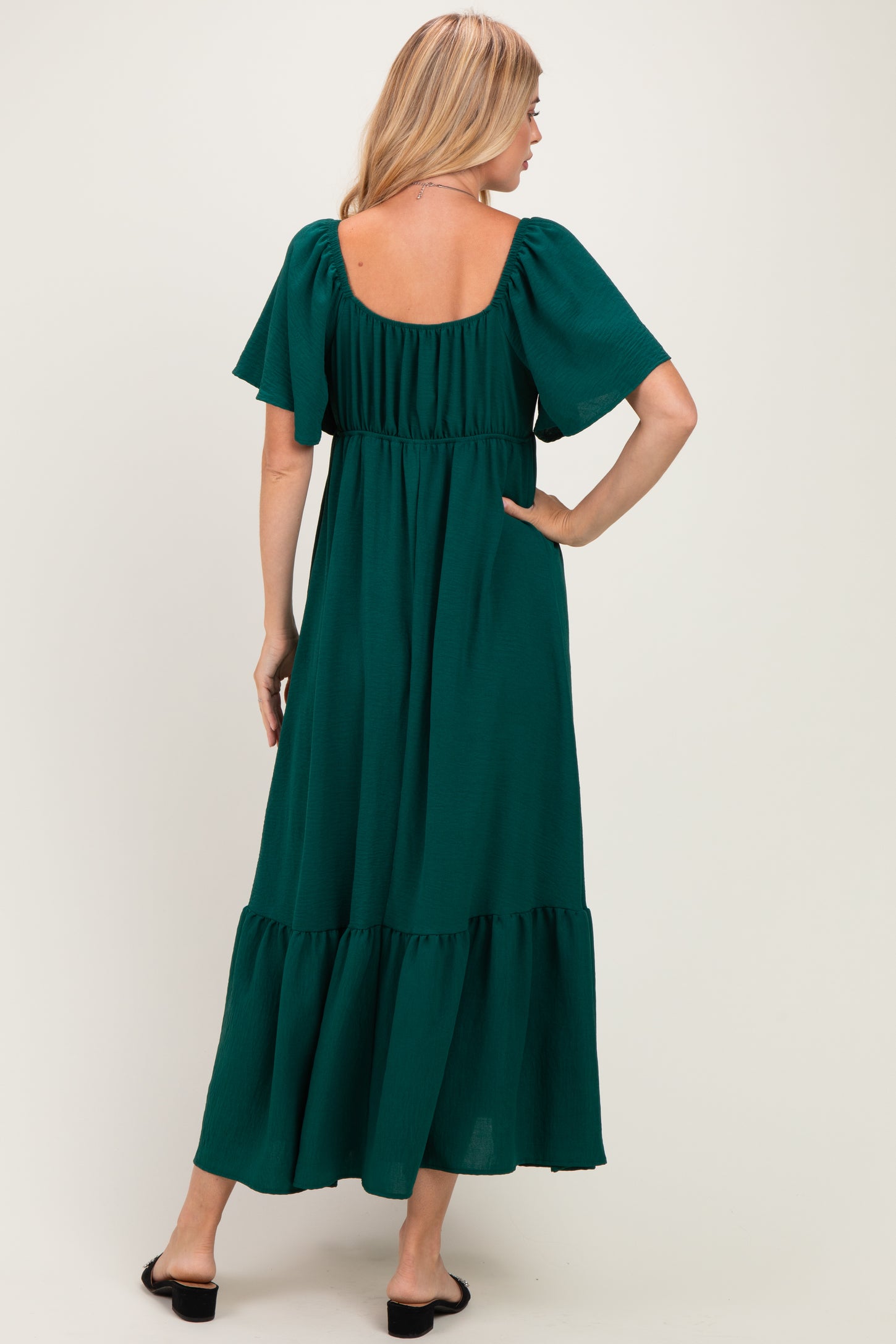 Dark Sage Flutter Sleeve Ruffle Hem Maxi Dress