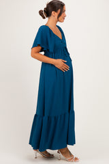 Teal Flutter Sleeve Ruffle Hem Maternity Maxi Dress