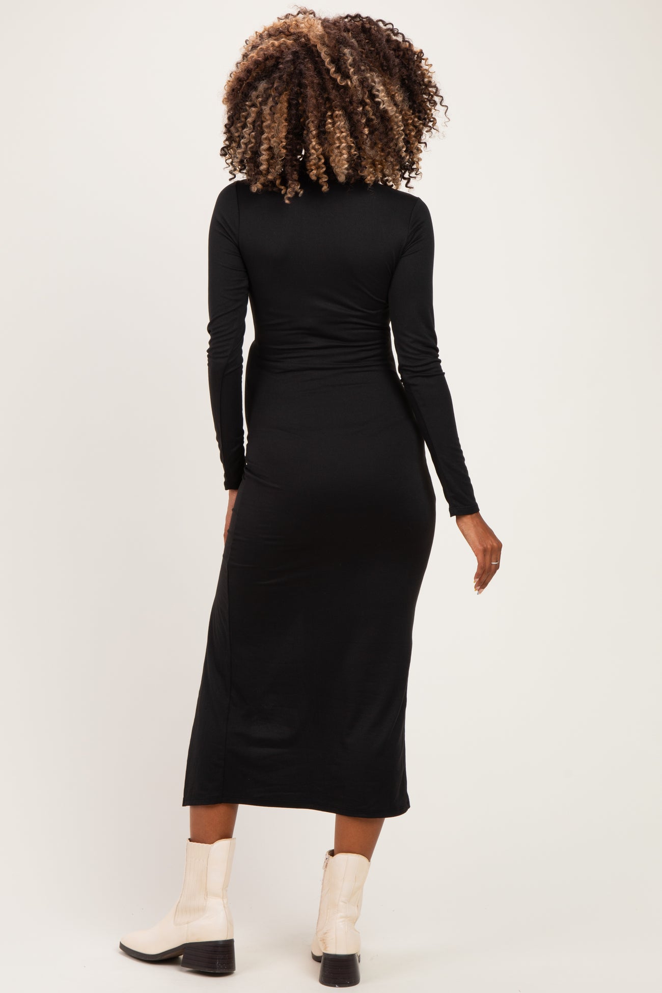 Black Mock Neck Front Slit Long Sleeve Maternity Maxi Dress