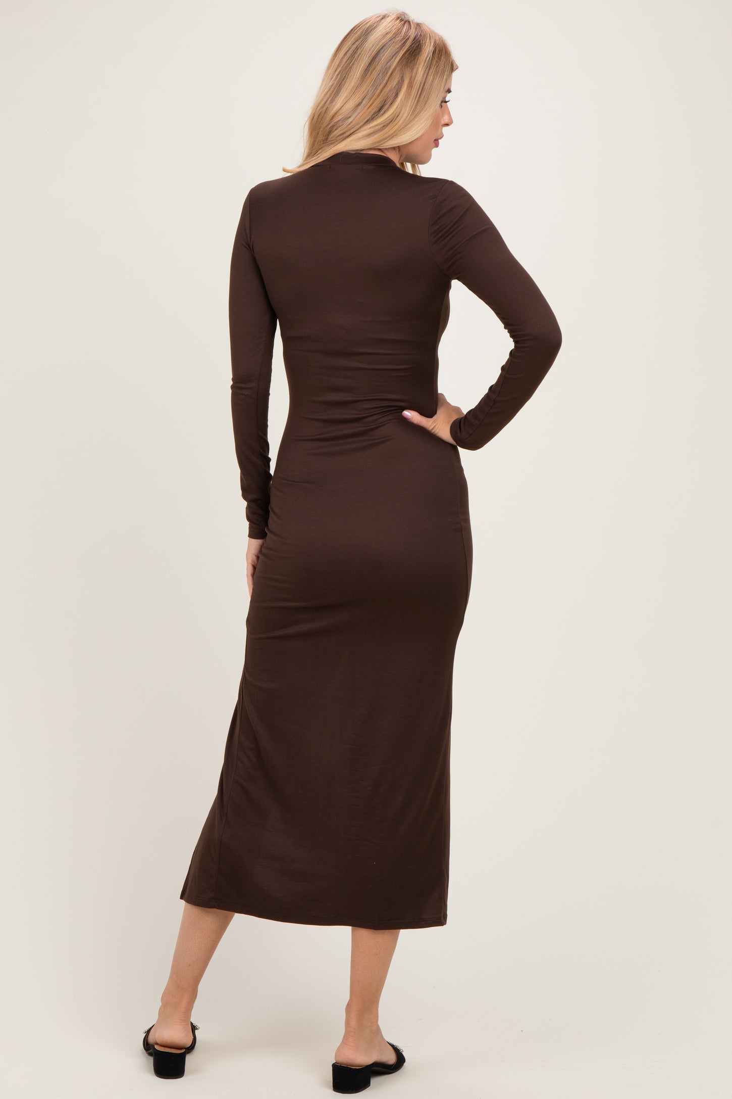 Brown Mock Neck Front Slit Long Sleeve Maxi Dress