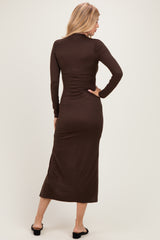 Brown Mock Neck Front Slit Long Sleeve Maxi Dress