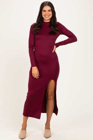 Burgundy Mock Neck Front Slit Long Sleeve Maxi Dress