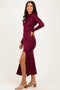 Burgundy Mock Neck Front Slit Long Sleeve Maxi Dress
