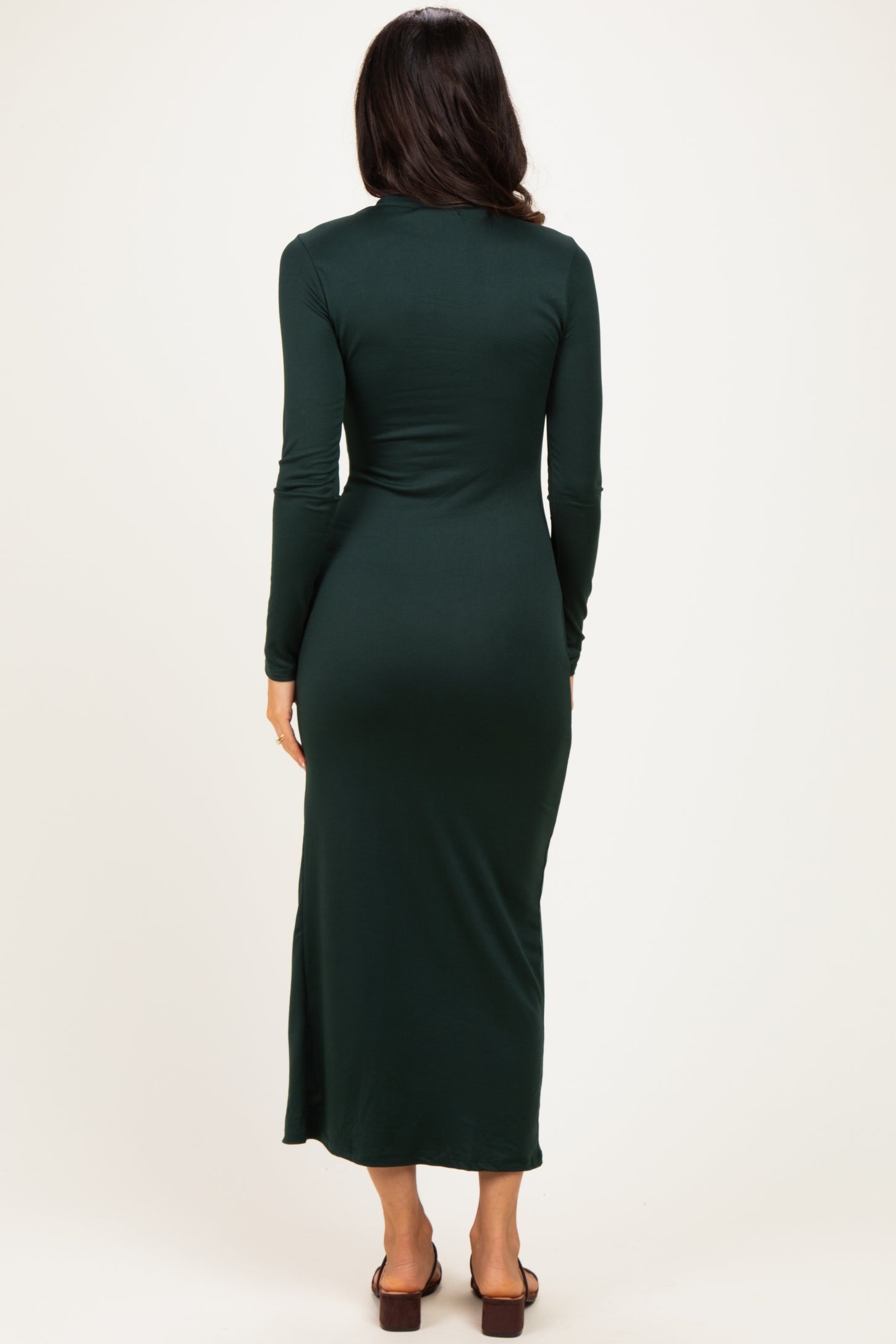 Hunter Green Mock Neck Front Slit Long Sleeve Maxi Dress