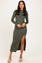 Olive Mock Neck Front Slit Long Sleeve Maxi Dress
