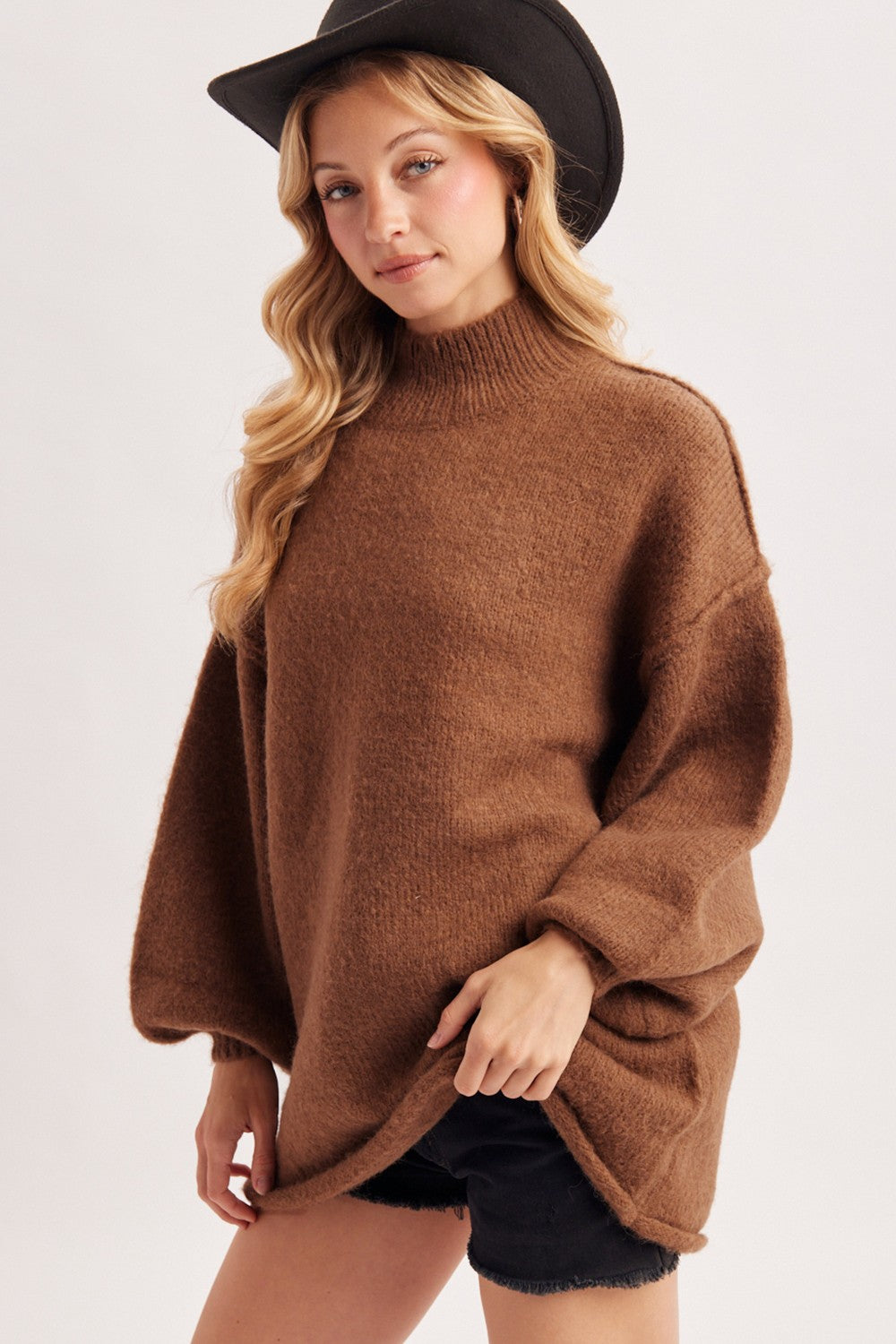 Mocha Oversized Mock Neck Tunic Sweater