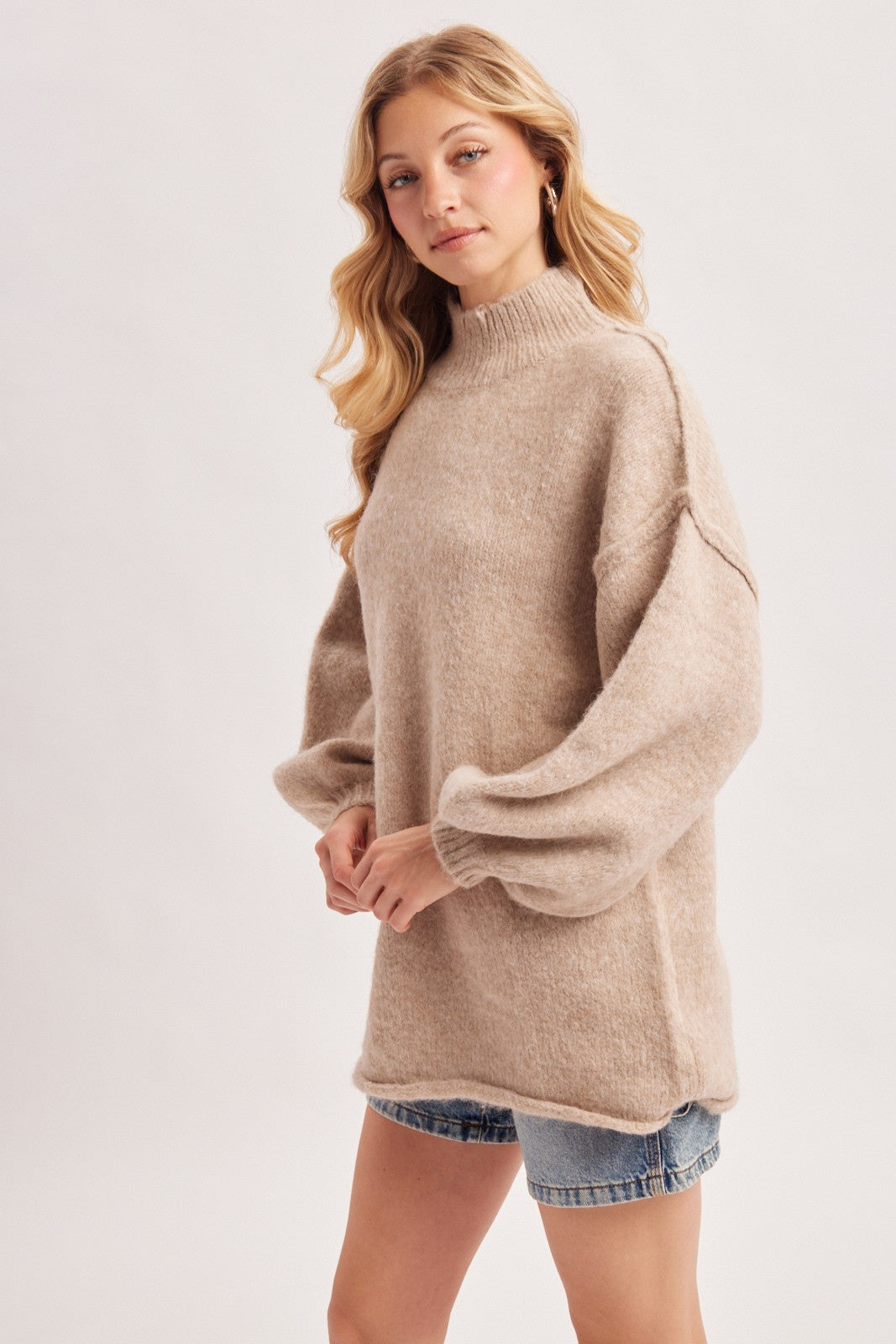 Oatmeal Oversized Mock Neck Tunic Sweater