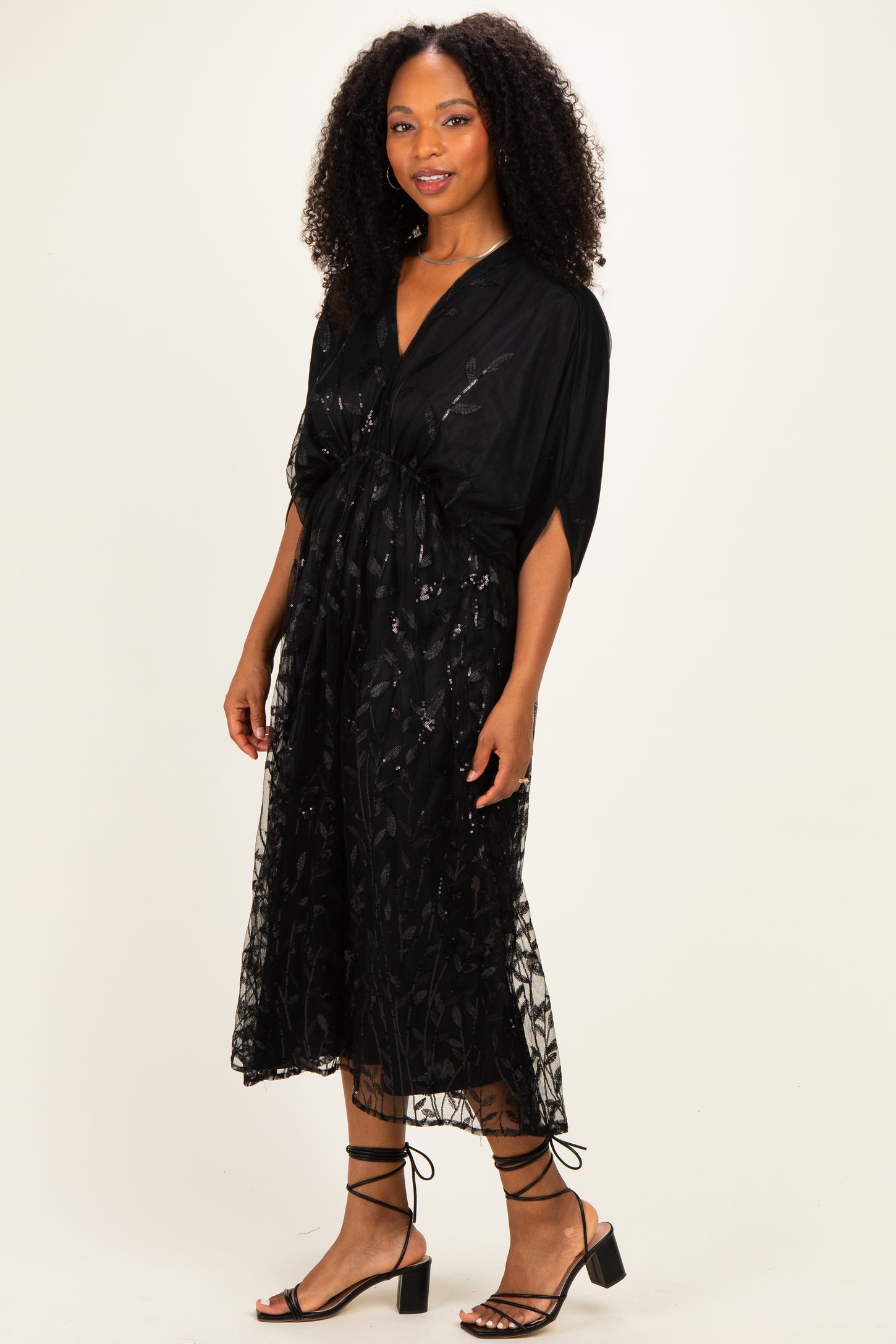 Black Embroidered Tulle Dolman V-Neck Midi Dress