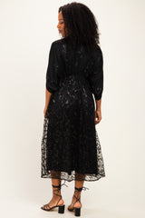 Black Embroidered Tulle Dolman V-Neck Midi Dress