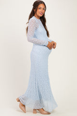 Light Blue Lace Mock Neck Long Sleeve Maternity Maxi Dress