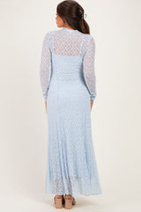 Light Blue Lace Mock Neck Long Sleeve Maternity Maxi Dress