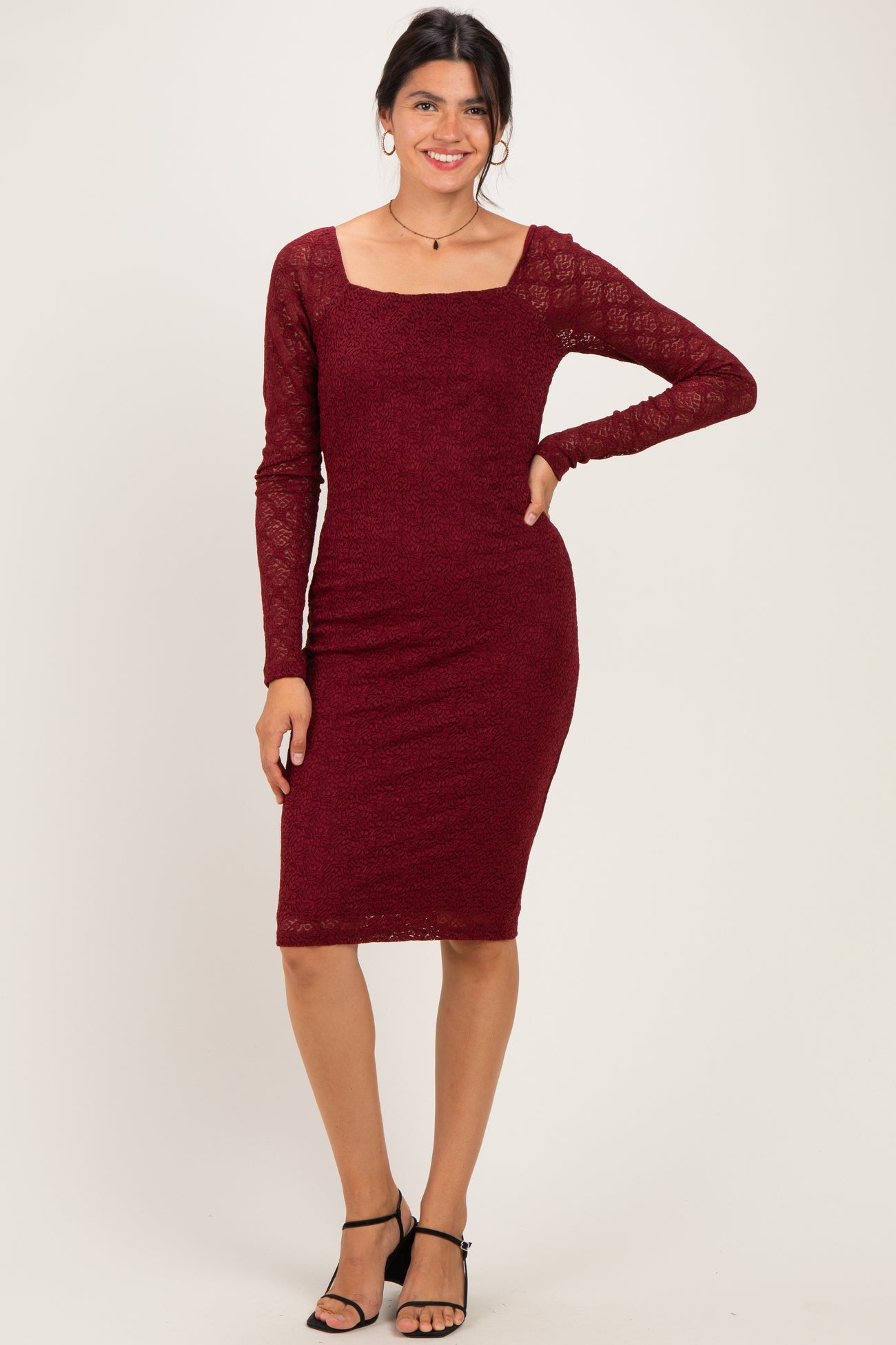 Burgundy Long Sleeve Fitted Lace Maternity Dress