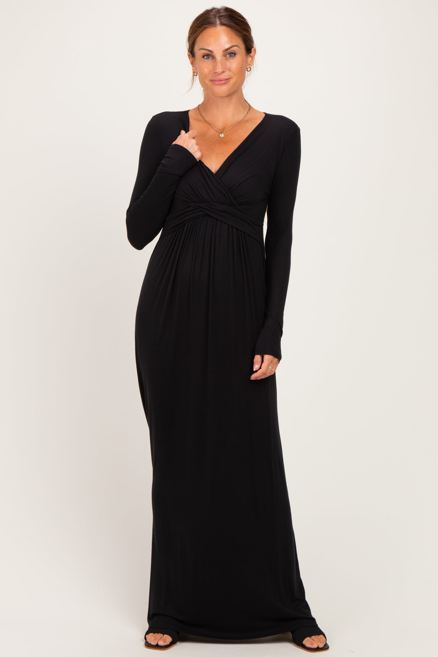 PinkBlush Black Long Sleeve Draped Nursing Maxi Dress