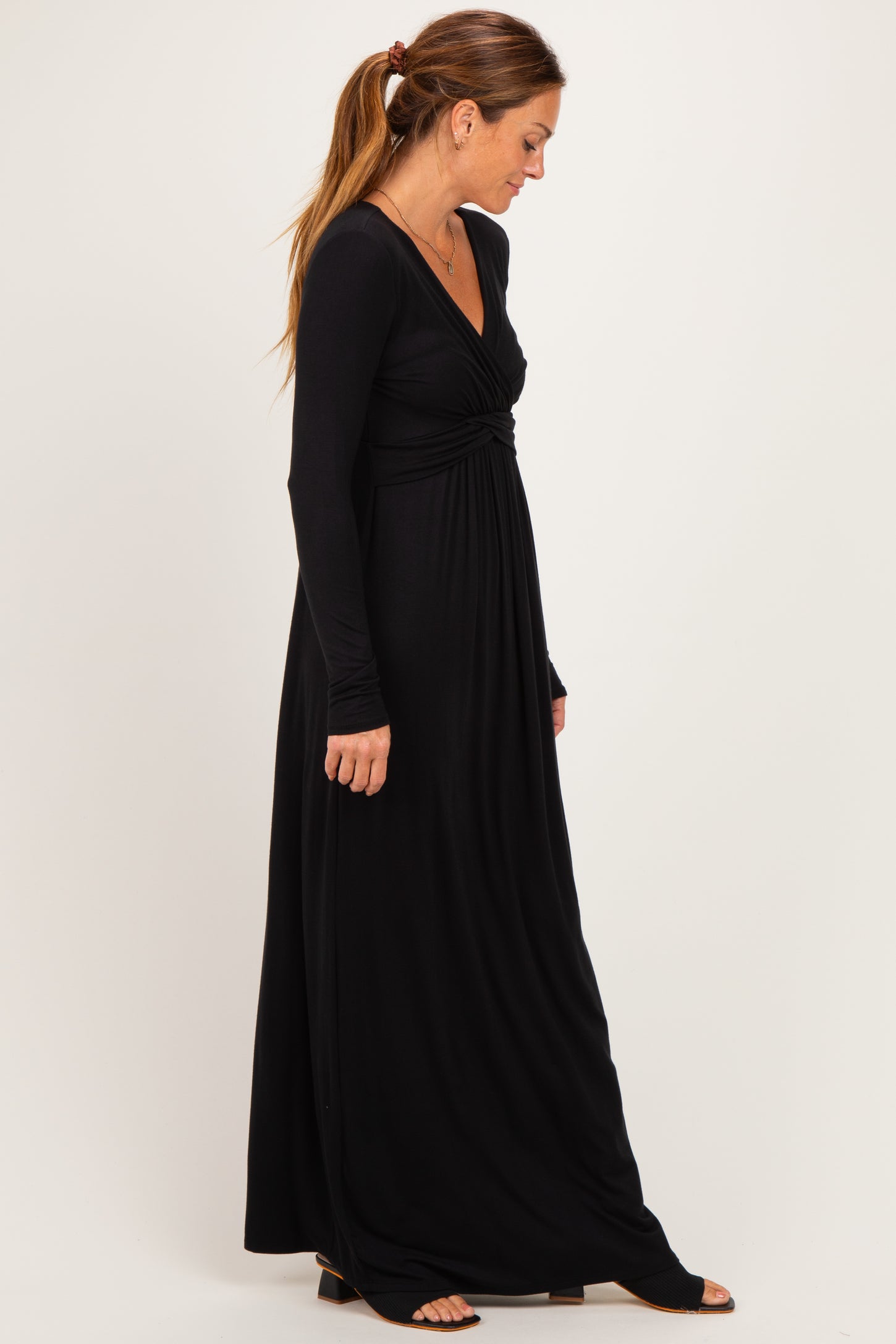 PinkBlush Black Long Sleeve Draped Nursing Maxi Dress