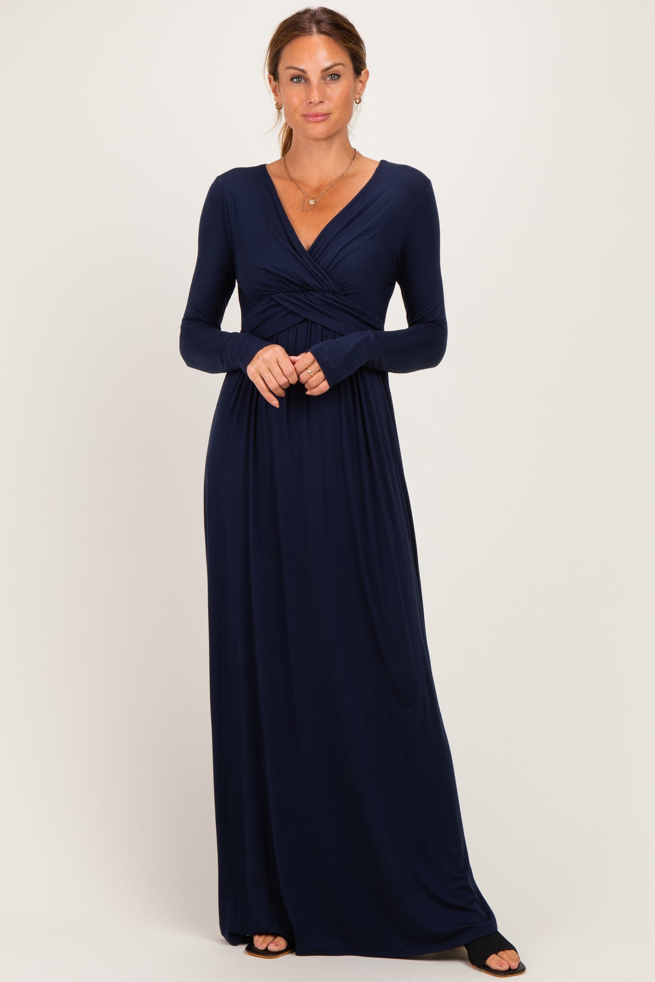PinkBlush Navy Long Sleeve Draped Nursing Maxi Dress