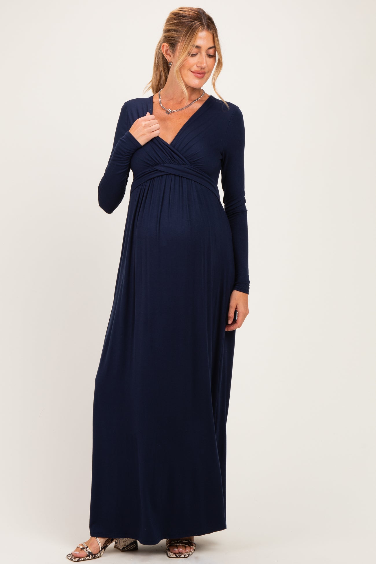 PinkBlush Navy Long Sleeve Draped Maternity/Nursing Maxi Dress