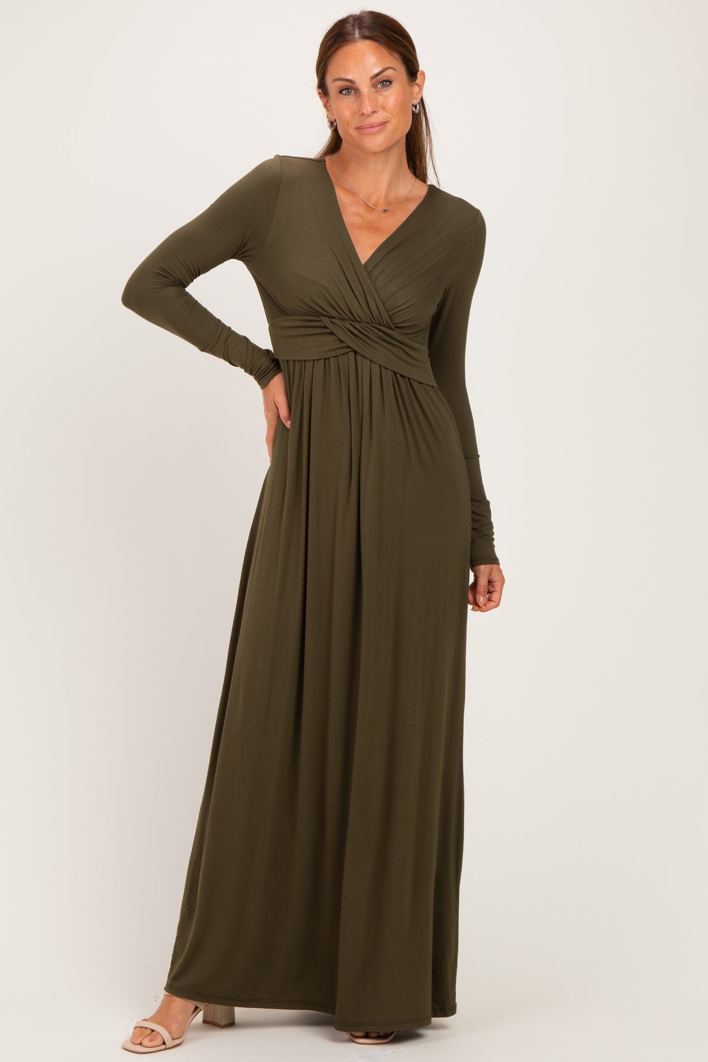 PinkBlush Olive Long Sleeve Draped Nursing Maxi Dress