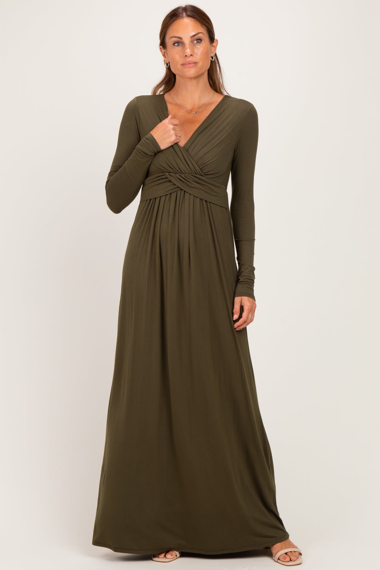 PinkBlush Olive Long Sleeve Draped Nursing Maxi Dress