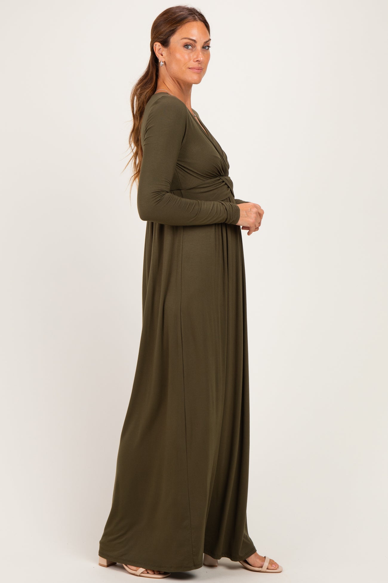 PinkBlush Olive Long Sleeve Draped Nursing Maxi Dress