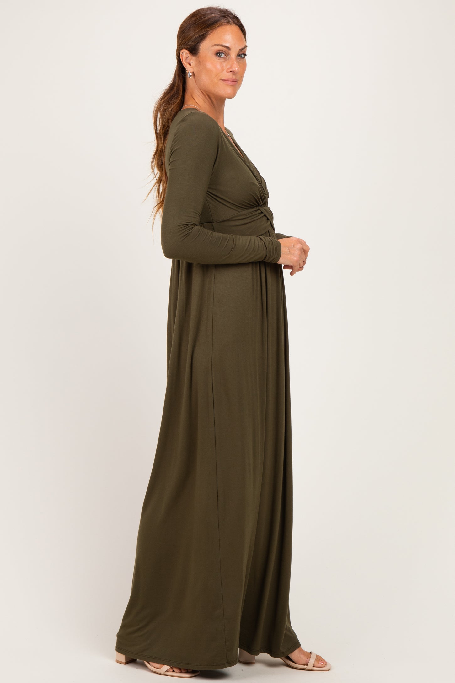 PinkBlush Olive Long Sleeve Draped Nursing Maxi Dress