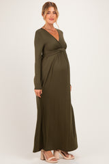 PinkBlush Olive Long Sleeve Draped Maternity/Nursing Maxi Dress