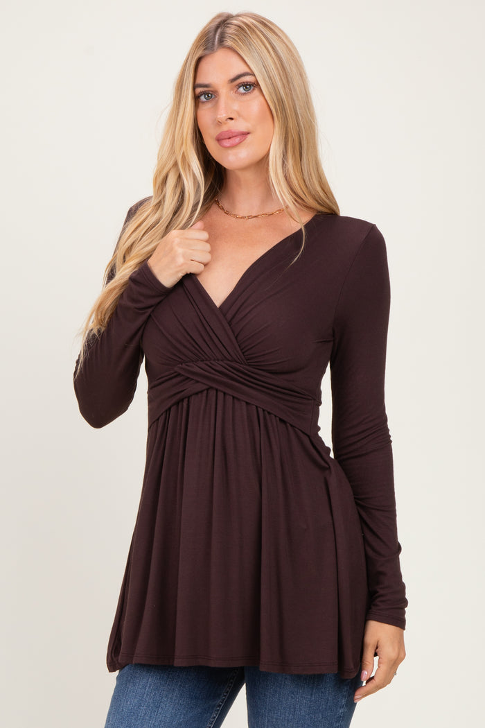 PinkBlush Brown Long Sleeve Draped Front Nursing Top