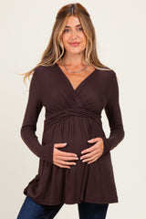 PinkBlush Brown Long Sleeve Draped Front Maternity Nursing Top
