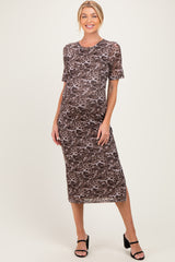 Brown Animal Print Mesh Maternity Midi Dress