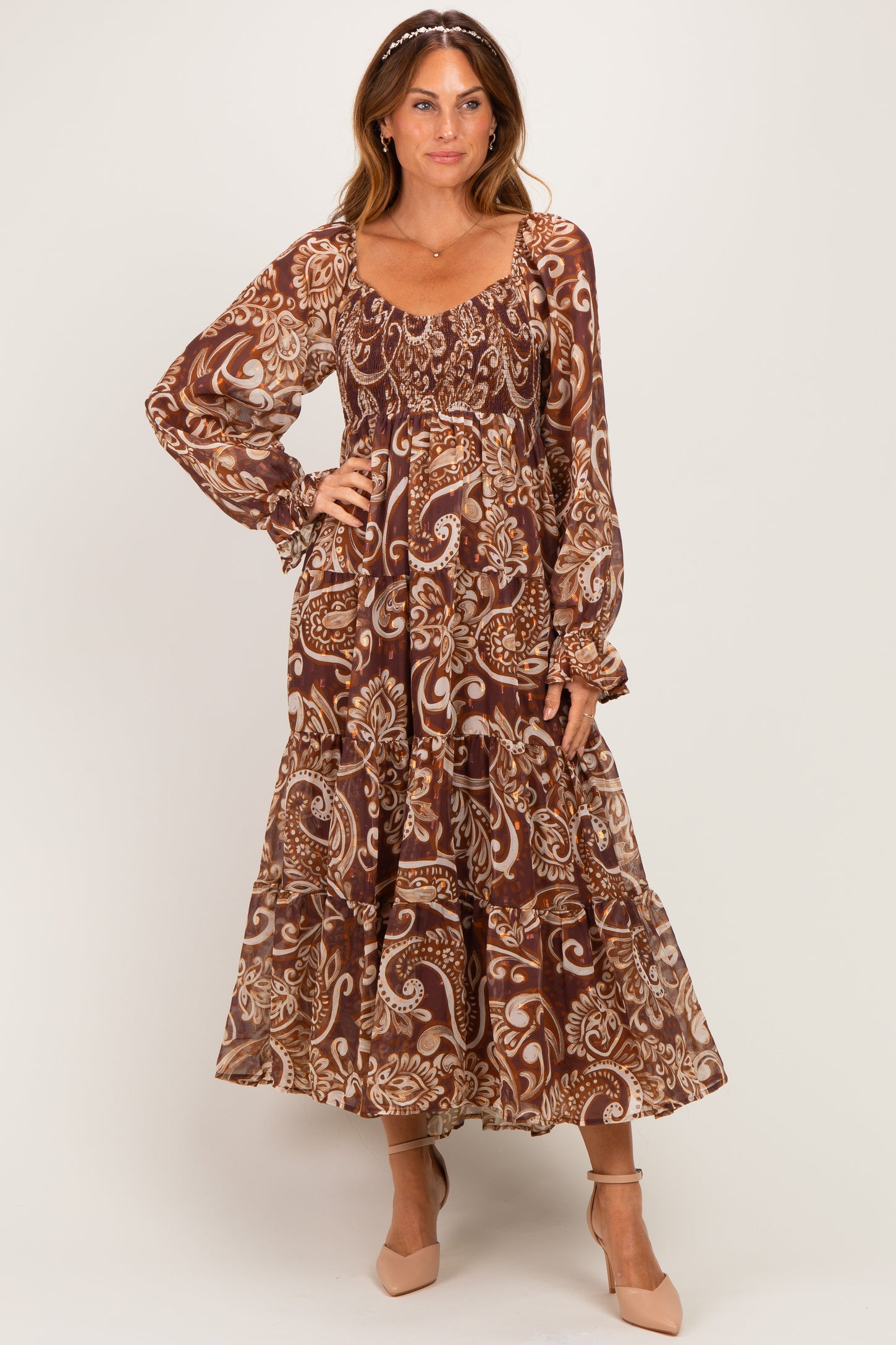 Coffee Paisley Smocked Long Sleeve Midi Dress