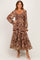 Coffee Paisley Smocked Long Sleeve Midi Dress