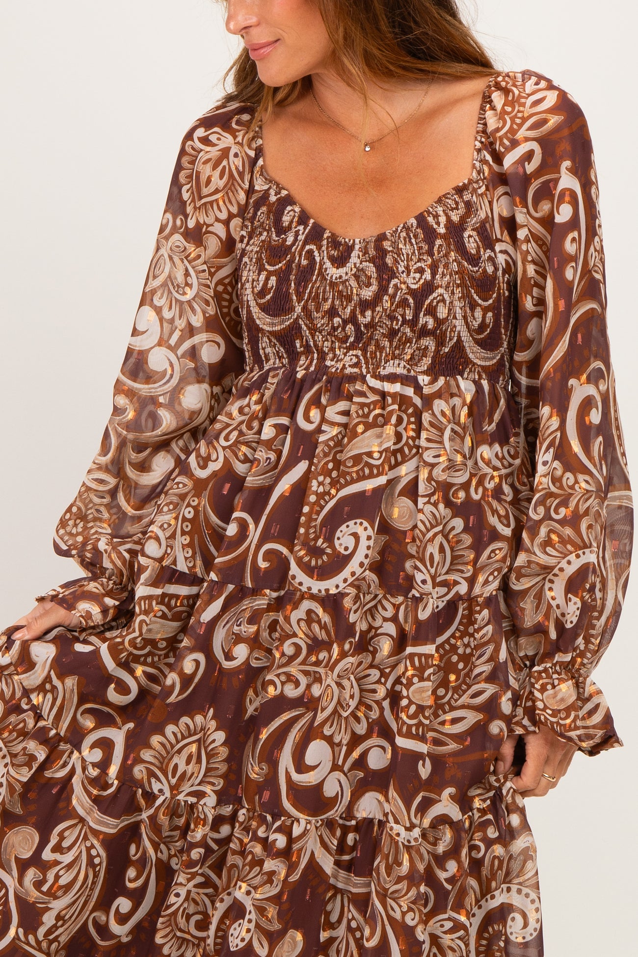 Coffee Paisley Smocked Long Sleeve Midi Dress