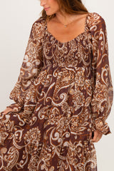 Coffee Paisley Smocked Long Sleeve Midi Dress