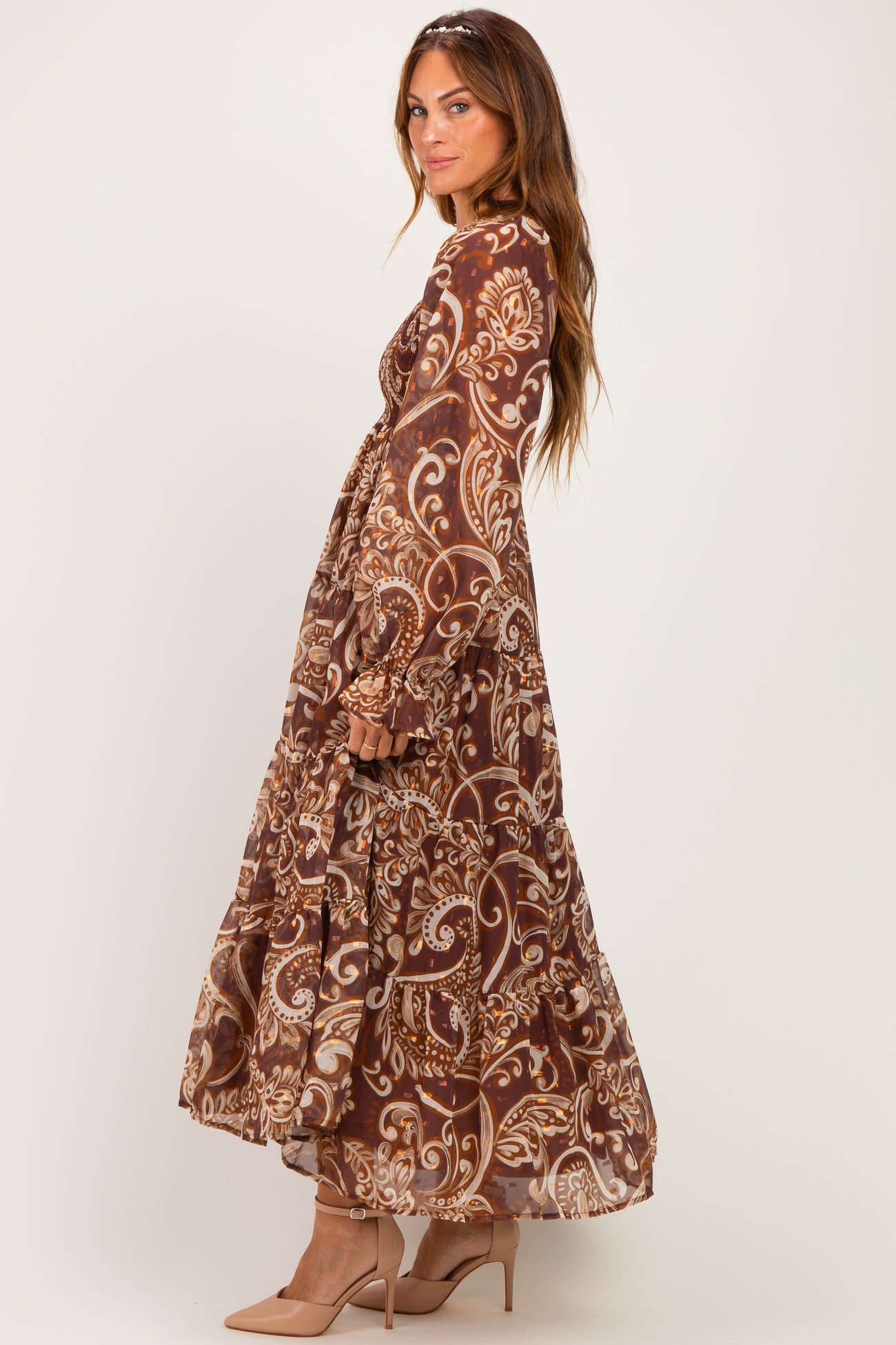Coffee Paisley Smocked Long Sleeve Midi Dress