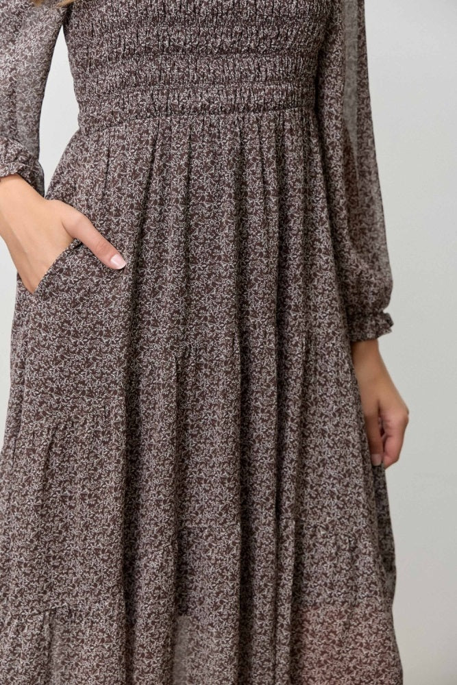 Dark Brown Floral Smocked Long Sleeve Midi Dress