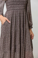 Dark Brown Floral Smocked Long Sleeve Midi Dress