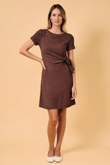 Brown Ribbed Short Sleeve Side Tie Mini Dress