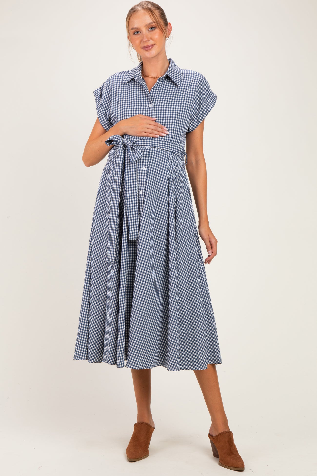 Navy Gingham Button Down Tie Waist Maternity Shirt Dress