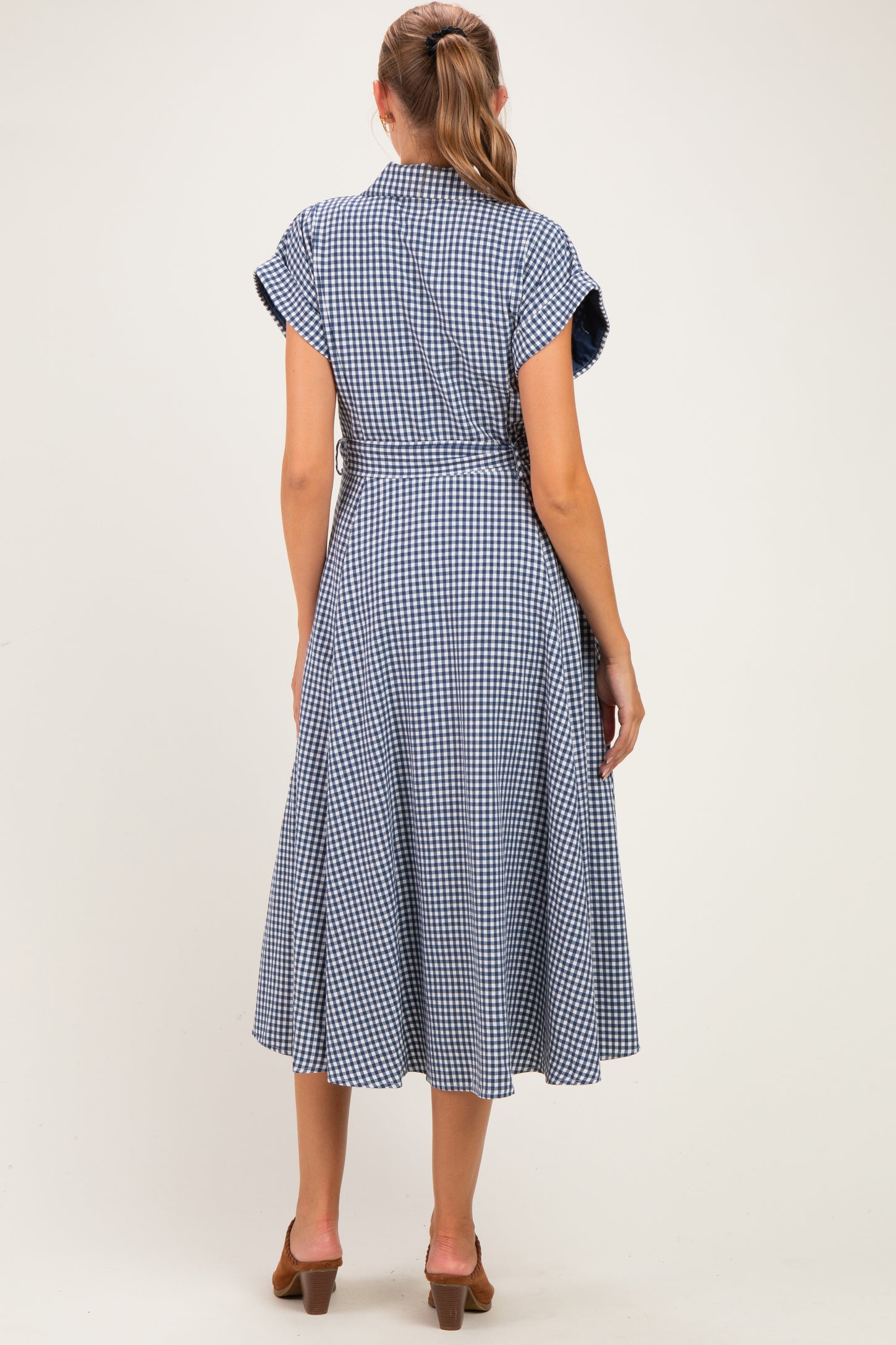 Navy Gingham Button Down Tie Waist Maternity Shirt Dress