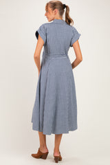 Navy Gingham Button Down Tie Waist Maternity Shirt Dress