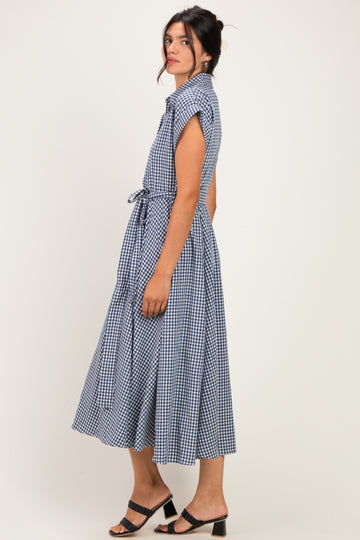 Navy Gingham Button Down Tie Waist Shirt Dress