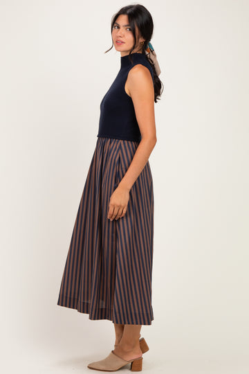 Navy Sleeveless Mock Neck Contrast Striped Skirt Midi Dress