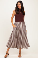 Brown Sleeveless Mock Neck Contrast Striped Skirt Midi Dress